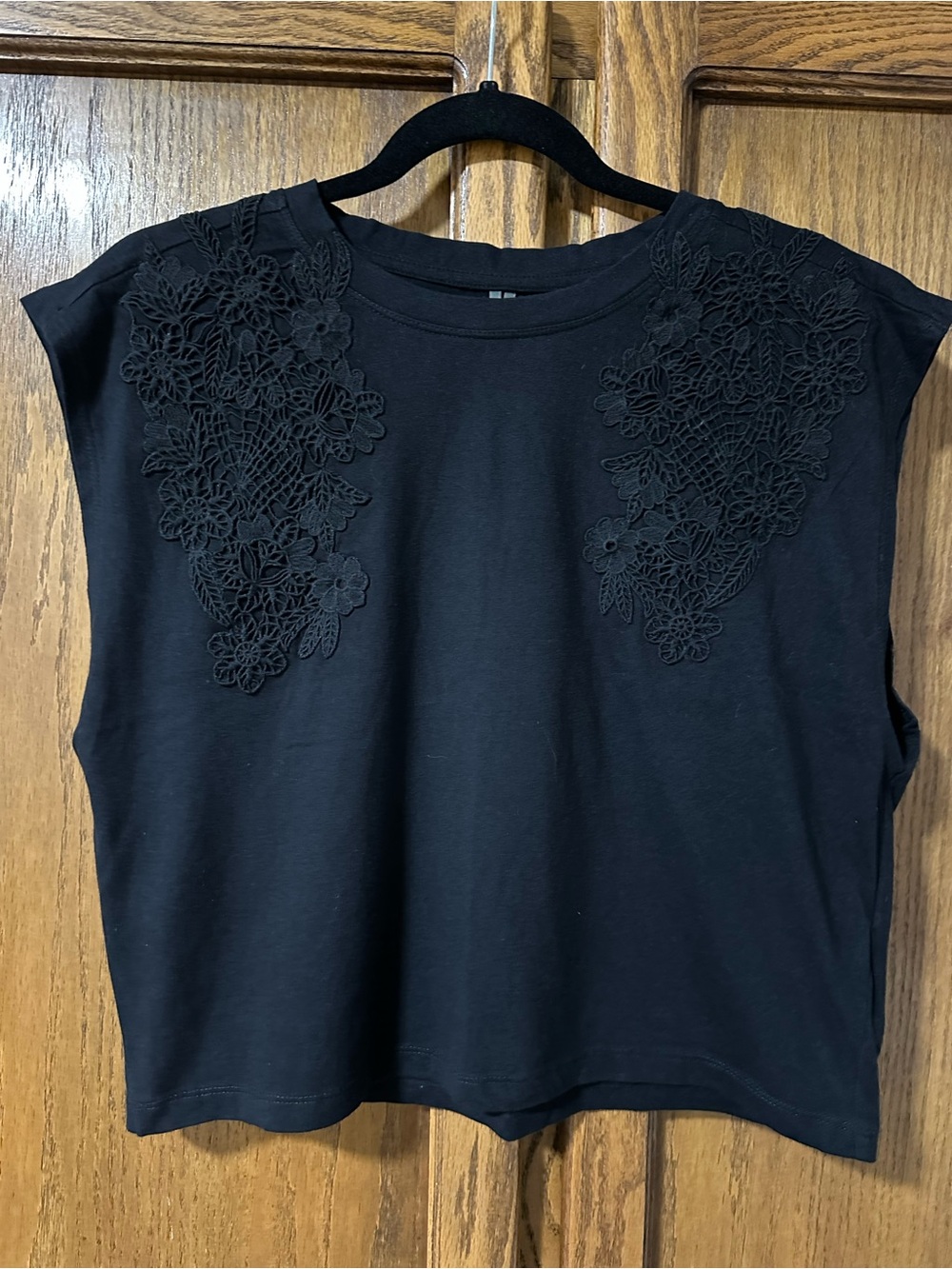 Anthropologie Black Crop Top with Floral Lace Applique Sz S